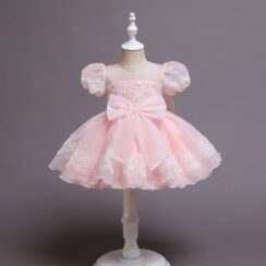 Intricate Flower Pattern Princess Dress with Ribbon & Puff Shoulders Short Sleeve for Wedding