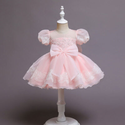 Intricate Flower Pattern Princess Dress with Ribbon & Puff Shoulders Short Sleeve for Wedding