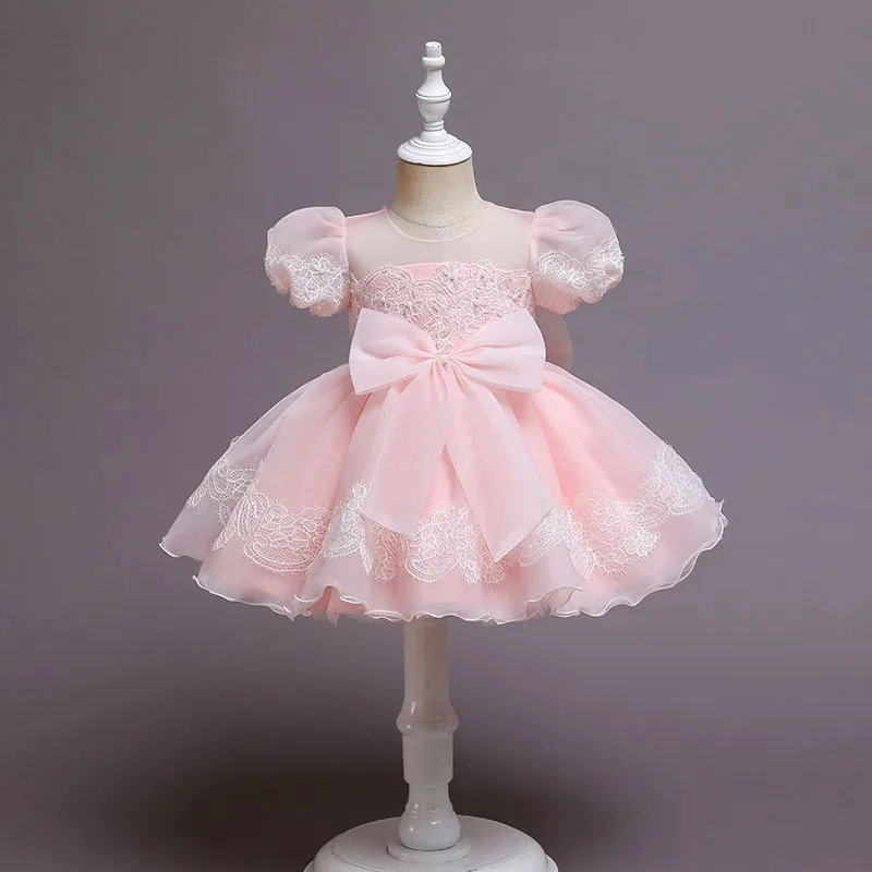 Baby Intricate Flower Pattern Princess Dress Puffed Shoulders