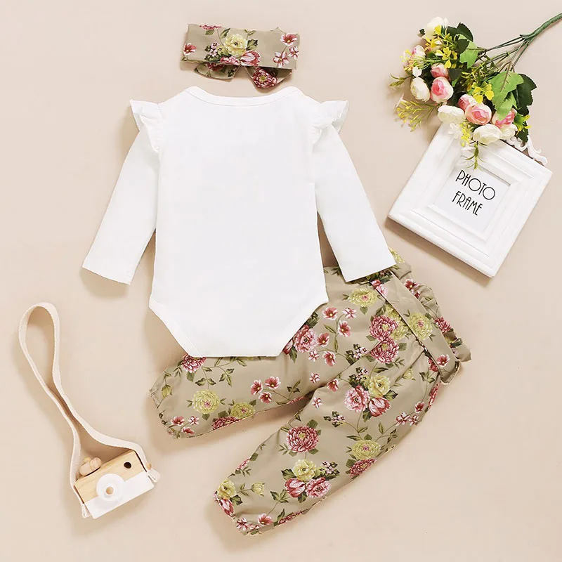 Baby Girl Isn't She Lovely Letter Print in Glitter Onesie, Floral Pants Long Sleeve & Ribbon Headband 3 pcs - Image 2