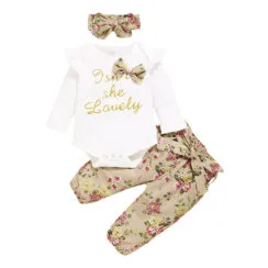 Baby Girl Isn't She Lovely Letter Print in Glitter Onesie, Floral Pants Long Sleeve & Ribbon Headband 3 pcs