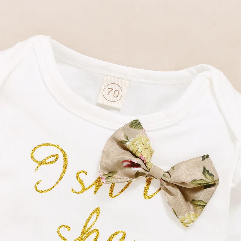Baby Girl Isn't She Lovely Letter Print in Glitter Onesie, Floral Pants Long Sleeve & Ribbon Headband 3 pcs - Image 3