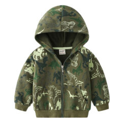 Jurassic Dinosaur Print Hooded Sweatshirt Zipper Jacket long Sleeve - Green, 24M