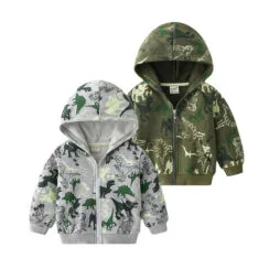 Jurassic Dinosaur Print Hooded Sweatshirt Zipper Jacket long Sleeve