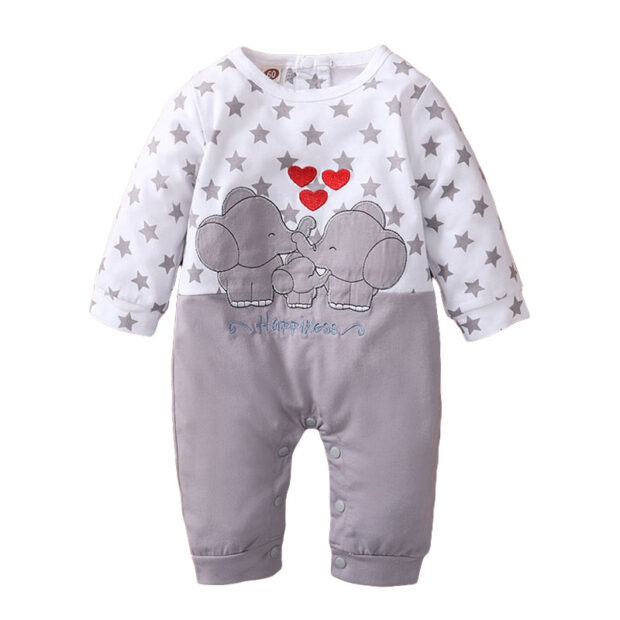 Kissing Elephant Print Romper with Hearts & Stars Long Sleeve