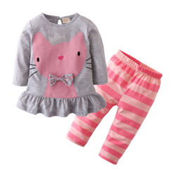 Long Sleeves Kitten Print Bow Tie Dress with Striped Pants