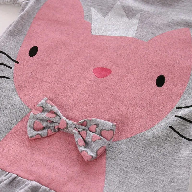 Long Sleeves Kitten Print Bow Tie Dress with Striped Pants - Image 3