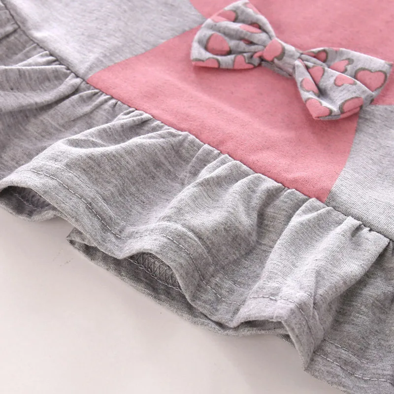 Long Sleeves Kitten Print Bow Tie Dress with Striped Pants - Image 4