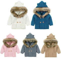 Knitted Faux Fur Hoodie Jacket with Ears Long Sleeve