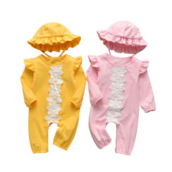 Baby Lace Applique Jumpsuit Long Sleeve with Ruffle Hat