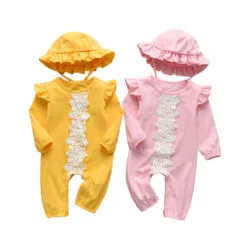 Baby Lace Applique Jumpsuit Long Sleeve with Ruffle Hat