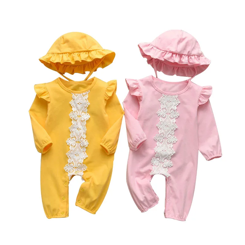 Baby Lace Applique Jumpsuit Long Sleeve with Ruffle Hat