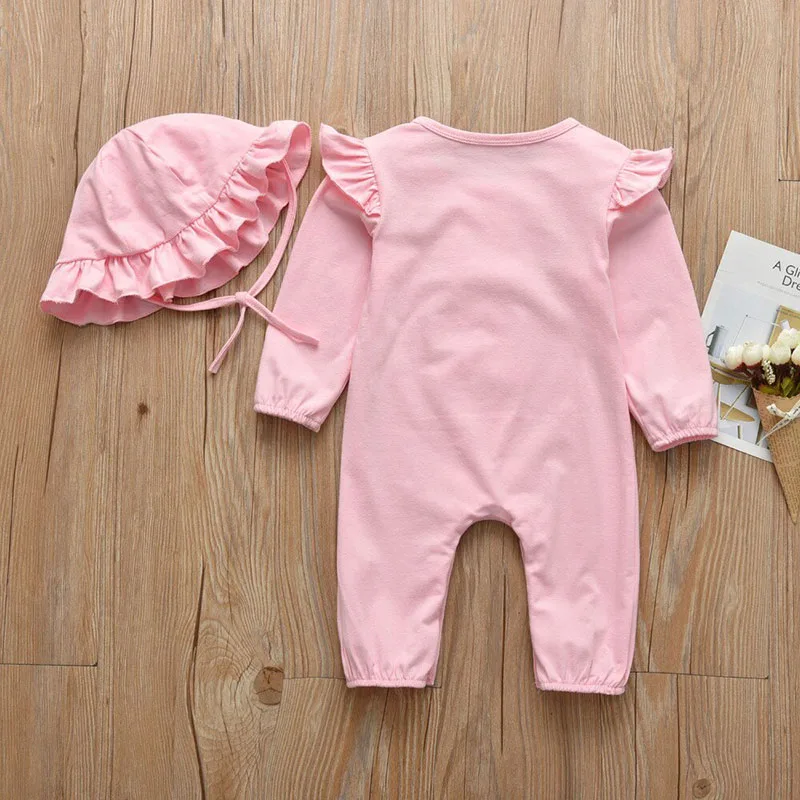 Baby Lace Applique Jumpsuit Long Sleeve with Ruffle Hat - Image 2
