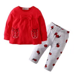 Baby Ribbon Top Shirt & Ladybug Print Pants Sleepwear for Girls