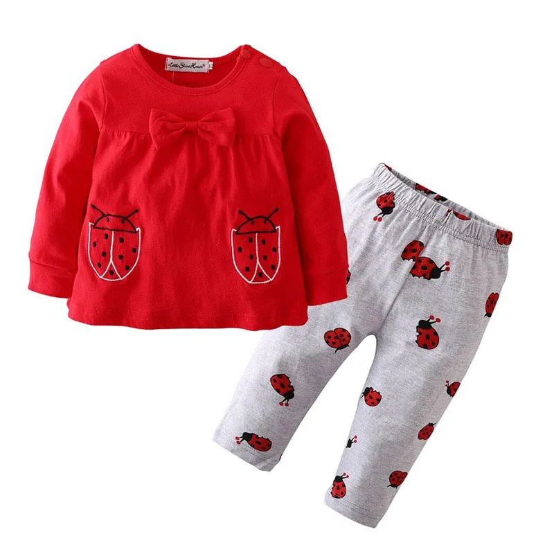 Baby Ribbon Top Shirt & Ladybug Print Pants Sleepwear for Girls