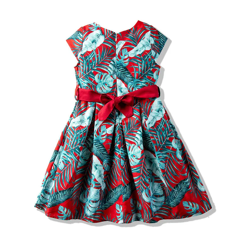 Toddler Girl Leaf Pattern Bowknot Pleated Dress Sleeveless - Image 2