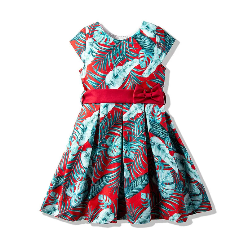 Toddler Girl Leaf Pattern Bowknot Pleated Dress Sleeveless