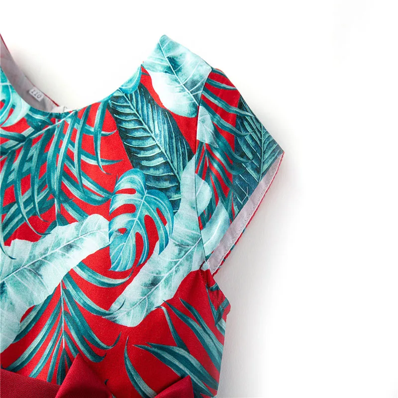 Toddler Girl Leaf Pattern Bowknot Pleated Dress Sleeveless - Image 3