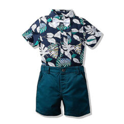 Baby Boy Leaf Pattern Button Shirt & Shorts with Bow Tie Short Sleeve