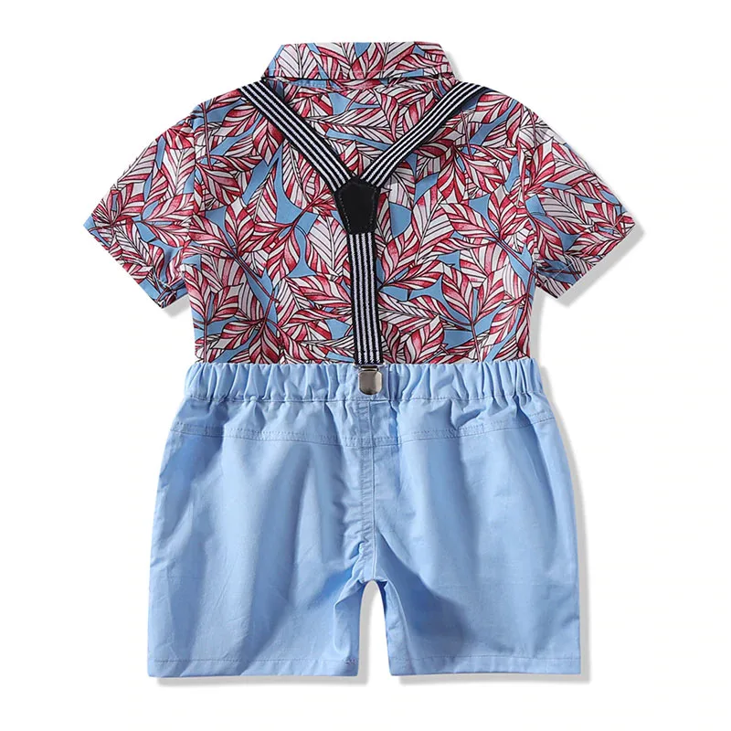 Baby Boy Bow Tie Floral Leaf Pattern Button Shirt, Suspenders Shorts 4 pcs Outfit - Image 3
