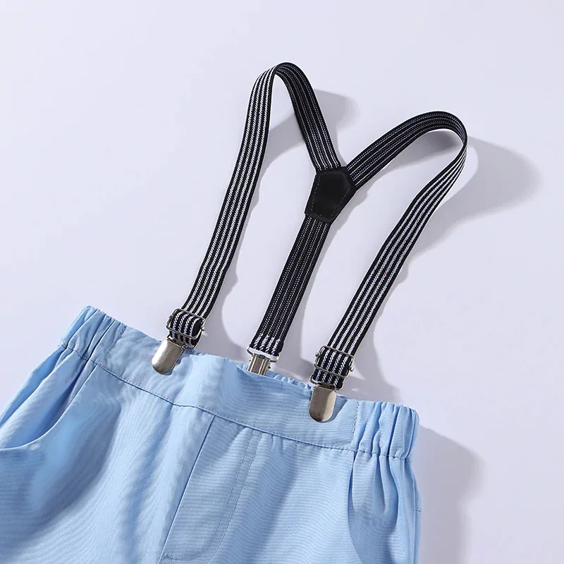 Baby Boy Bow Tie Floral Leaf Pattern Button Shirt, Suspenders Shorts 4 pcs Outfit - Image 8