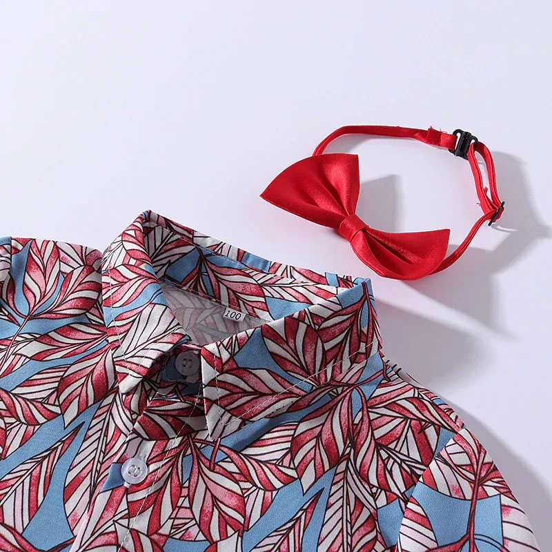 Baby Boy Bow Tie Floral Leaf Pattern Button Shirt, Suspenders Shorts 4 pcs Outfit - Image 4