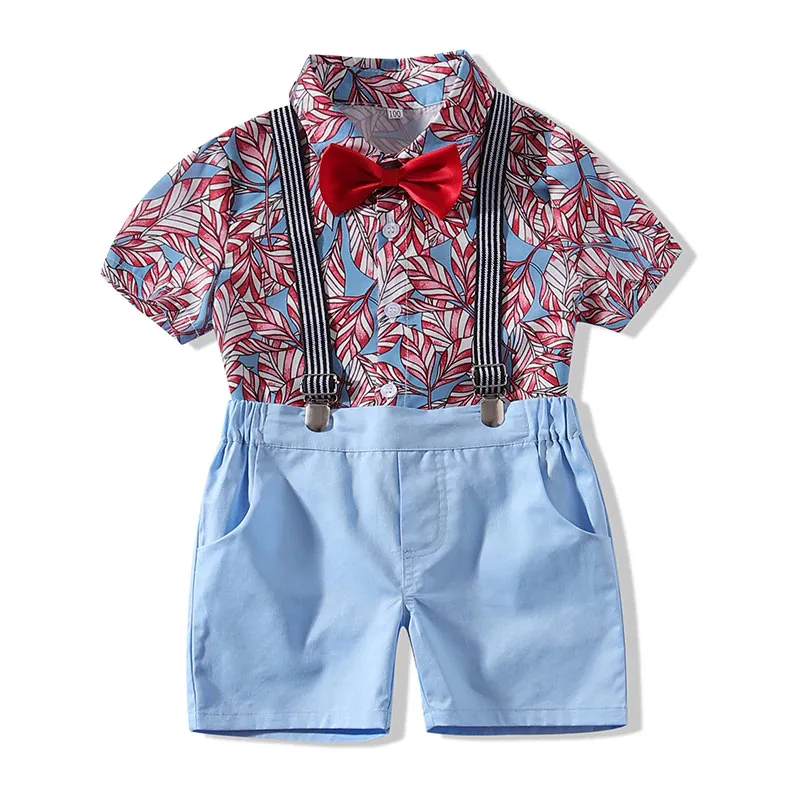 Baby Boy Bow Tie Floral Leaf Pattern Button Shirt, Suspenders Shorts 4 pcs Outfit - Image 2
