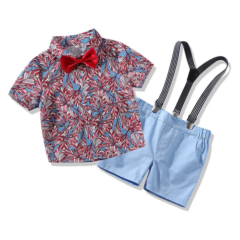 Baby Boy Bow Tie Floral Leaf Pattern Button Shirt, Suspenders Shorts 4 pcs Outfit