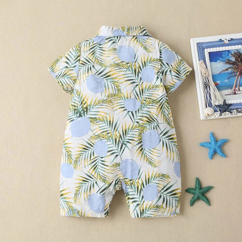 Leaf pattern Polo Romper with Bow Tie Short Sleeve - Image 2