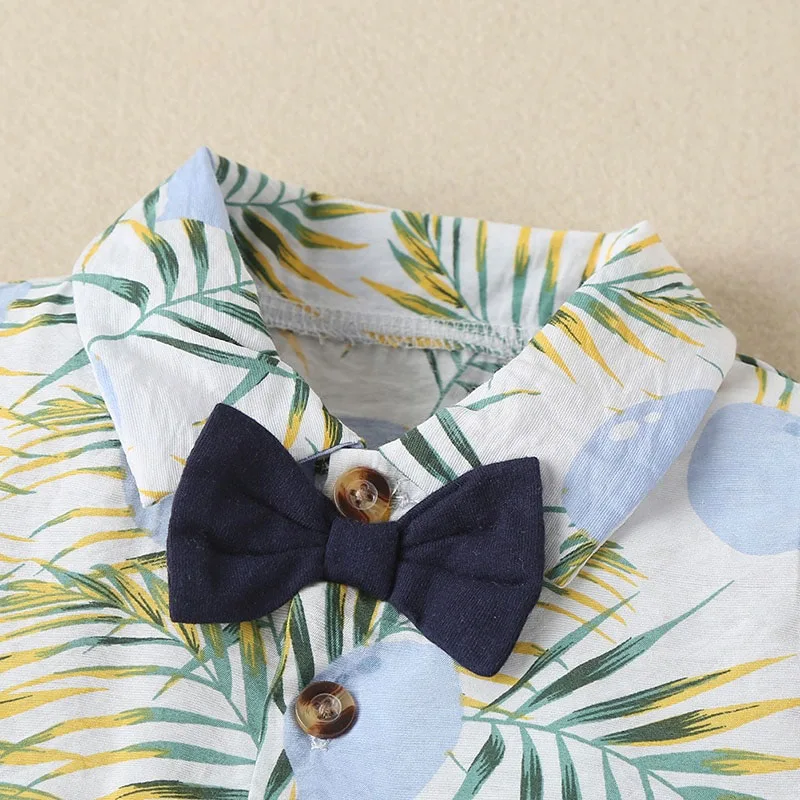 Leaf pattern Polo Romper with Bow Tie Short Sleeve - Image 3