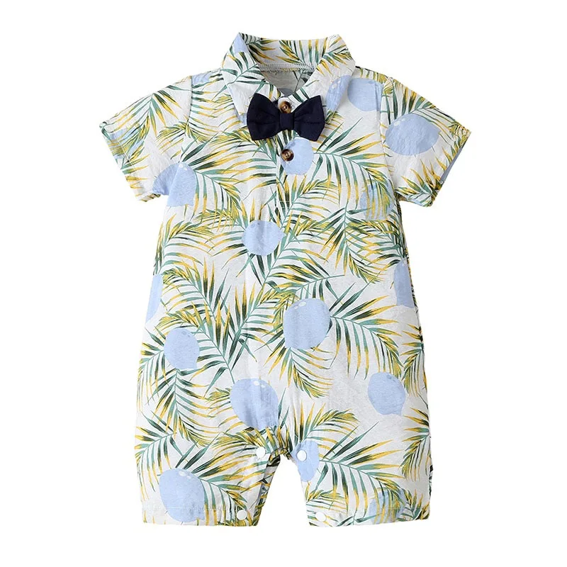 Leaf pattern Polo Romper with Bow Tie Short Sleeve