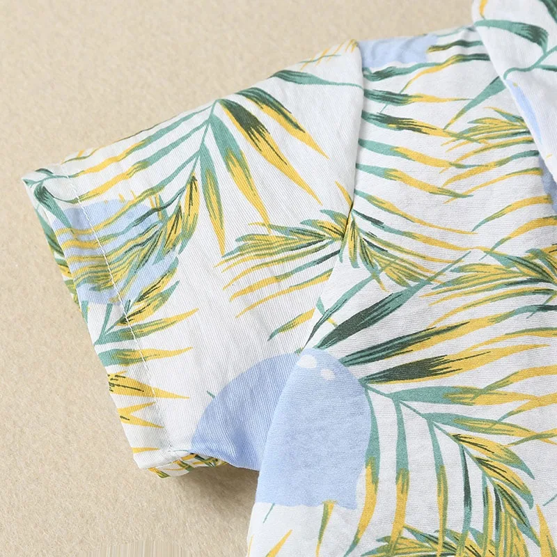 Leaf pattern Polo Romper with Bow Tie Short Sleeve - Image 4