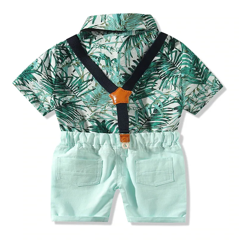 Baby Boy Leaf Pattern Bow Tie Button Shirt Short Sleeve, Suspenders Shorts 4 pcs Outfit - Image 3