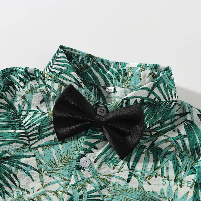 Baby Boy Leaf Pattern Bow Tie Button Shirt Short Sleeve, Suspenders Shorts 4 pcs Outfit - Image 4