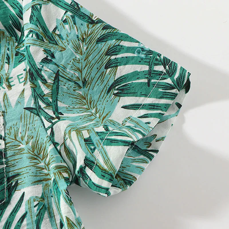 Baby Boy Leaf Pattern Bow Tie Button Shirt Short Sleeve, Suspenders Shorts 4 pcs Outfit - Image 7