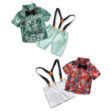 Baby Boy Leaf Pattern Bow Tie Button Shirt Short Sleeve, Suspenders Shorts 4 pcs Outfit