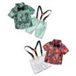 Baby Boy Leaf Pattern Bow Tie Button Shirt Short Sleeve, Suspenders Shorts 4 pcs Outfit