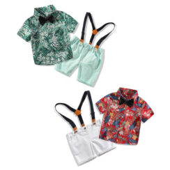 Baby Boy Leaf Pattern Bow Tie Button Shirt Short Sleeve, Suspenders Shorts 4 pcs Outfit