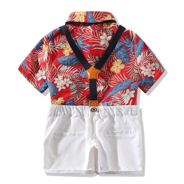 Baby Boy Leaf Pattern Bow Tie Button Shirt Short Sleeve, Suspenders Shorts 4 pcs Outfit - Image 2