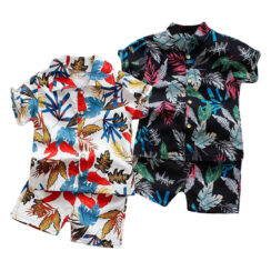 Leaf Pattern Summer Outfit, Button Up Shirt, Elastic Shorts Short Sleeve