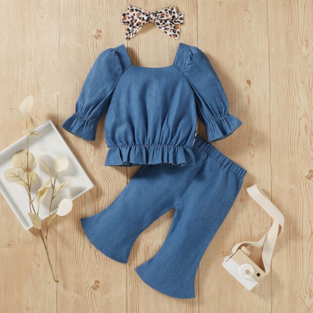 Leopard Pattern Bow Knot Top & Flared Pants Long Sleeve with Ribbon Headband - Image 2