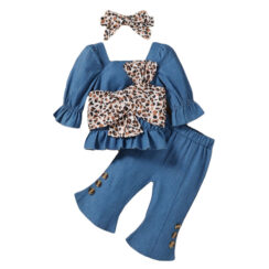 Leopard Pattern Bow Knot Top & Flared Pants Long Sleeve with Ribbon Headband