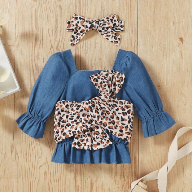 Baby Leopard Pattern Bow Knot Top Outfit