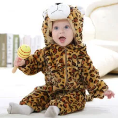Animal Leopard Warm Long Sleeves Zipper Hooded Jumpsuit Costume