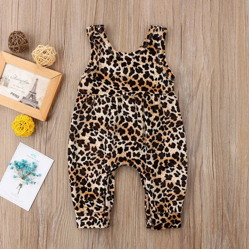 Baby Girl Leopard Harem Romper Snap On Sleeveless - Image 2