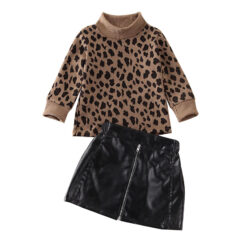 Baby Girl Leopard Pullover Sweater & Synthetic Leather Mini Skirt 2 pcs Set