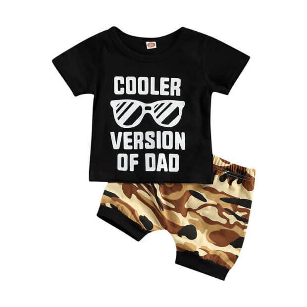 Letter Print Cooler Version of Dad Shirt & Dessert Camouflage Print Shorts Short Sleeve