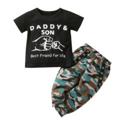 Letter Print Daddy Son Best Friend for Life Shirt & Camouflage Pixelated Pants Long Sleeve