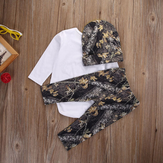 Letter Print Hunter Outfit, Crawl Walk Hunt Onesie & Camouflage Pants & Hat Long Sleeve - Image 2
