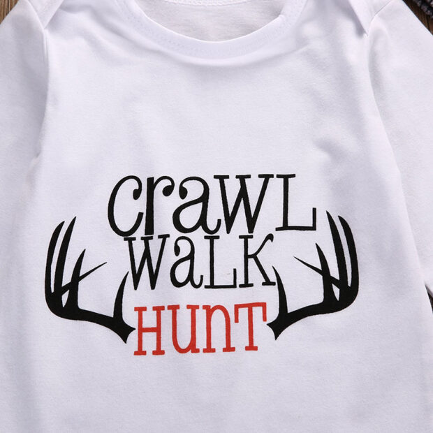 Letter Print Hunter Outfit, Crawl Walk Hunt Onesie & Camouflage Pants & Hat Long Sleeve - Image 3